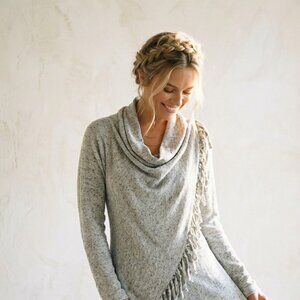 NWT LOVESTITCH Heathered Grey Fringe Asymmetrical Cowl Neck Sweater - Small